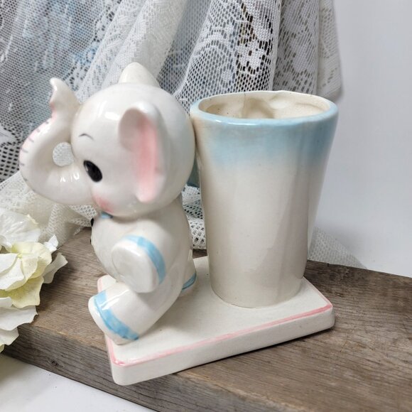Vintage Baby Elephant Planter Vase Blue & Pink Trunk up - Picture 7 of 9